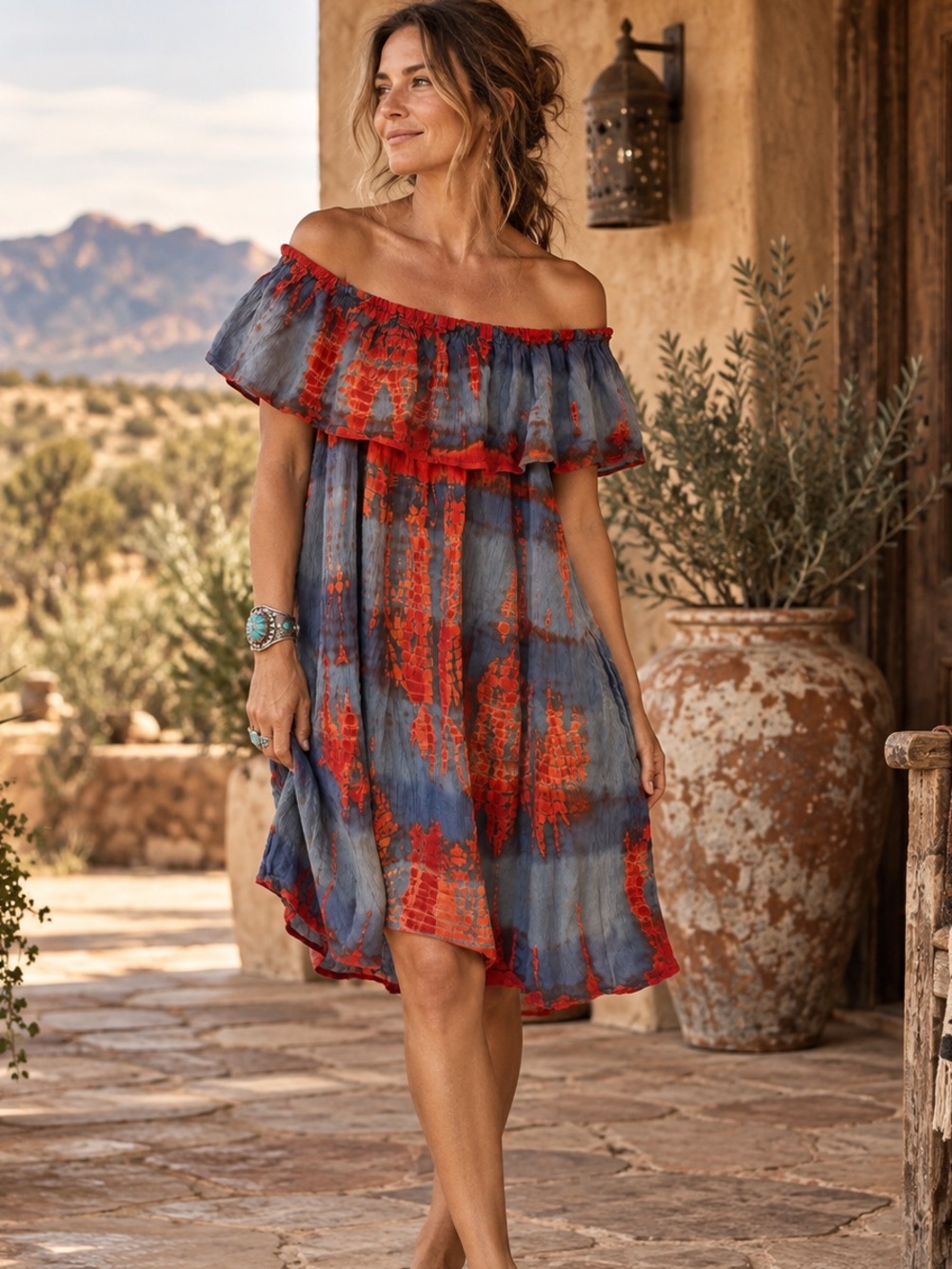 Vanilla Star Off Shoulder Ruffle Dress Blue Red Tie Dye Boho Festival